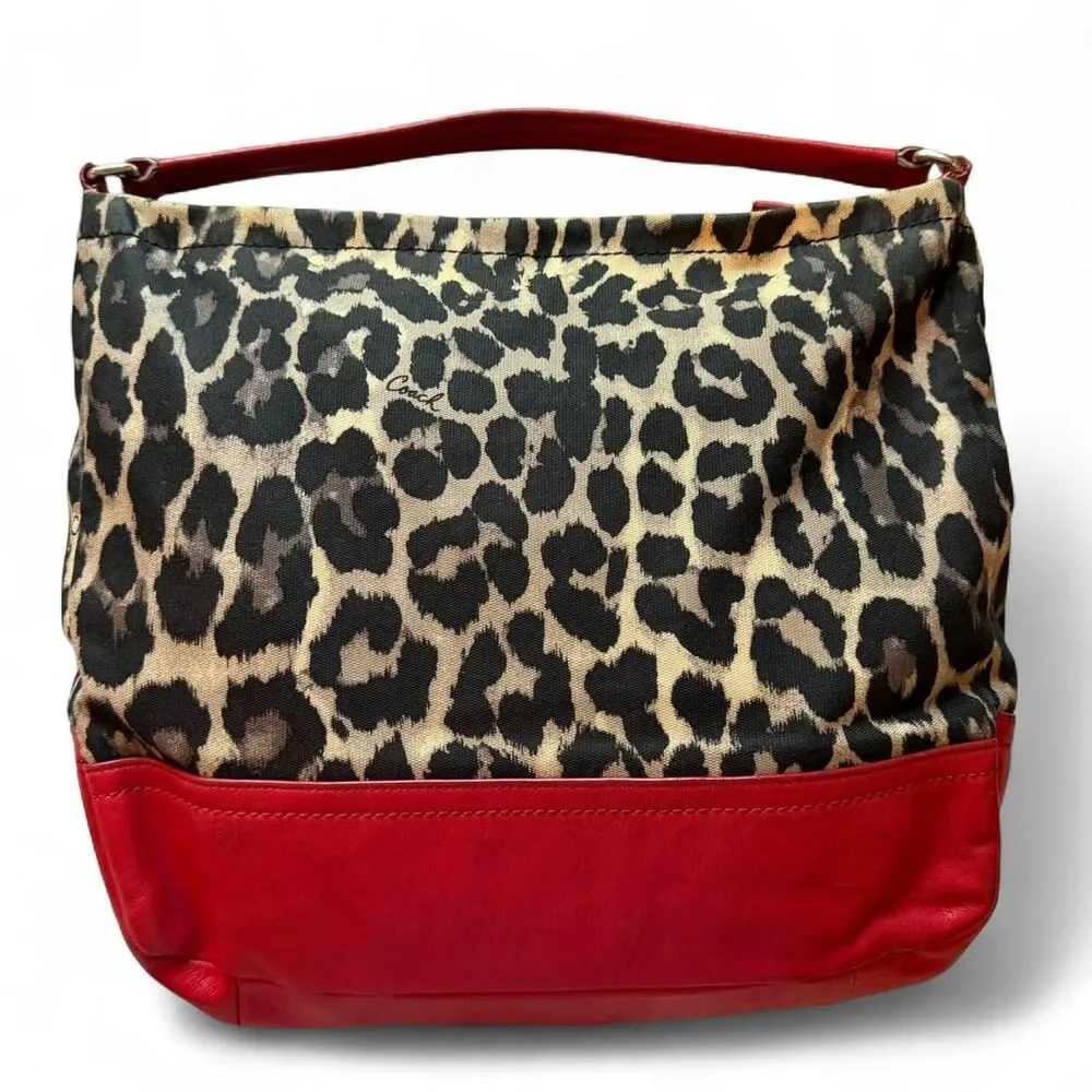 Coach Leopard Print Hobo Shoulder Bag Red Leather Trim